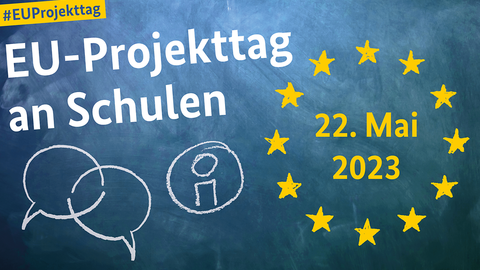 EU-Schulprojekttag 2023 Logo des EU-Projekttags an Schulen - eine blaue Schultafel mit dem Datum 23. Mai 2023