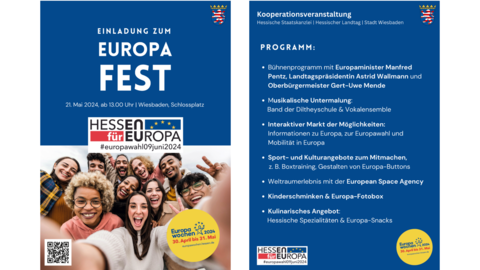 Einladungs- und Programmflyer des Europafestes Wiesbaden Die Grafik zeigt die Vorder- und Rückseite des Flyers zum Europafest, inklusive Informationen zum Programm.