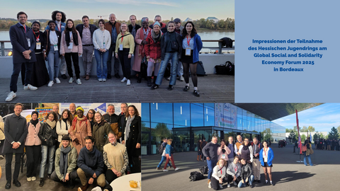 Collage mit drei Gruppenfotos des Hessischen Jugendrings bei der Teilnahme am Global Social and Solidarity Economy Forum 2025  in Bordeaux