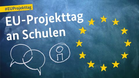 Das Bild zeigt den Text "EU-Projekttag an Schulen", darunter sind Sprechblasen abgebildet, rechts daneben der EU-Sternenkreis
